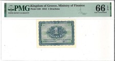 @@@@@ Greece 1 drachma 1944 P320 Hellas 236 PMG 66 UNC @@@@@