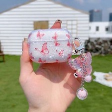 Glitter Pink Butterfly Earphone Case Cover Pendant For AirPods 1/2 3 4 Pro2 Pro3