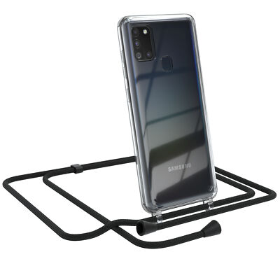 Für Samsung Galaxy A21s Handyhülle zum Umhängen Kordel Tasche Kette Case Schwarz