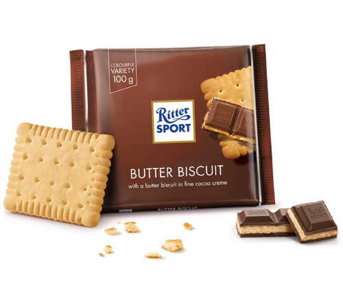 910336 4 X 100G BLOCK RITTER SPORT BUTTER BISCUIT FLAVOUR MILK CHOCOLATE BLOCK - Picture 2 of 5