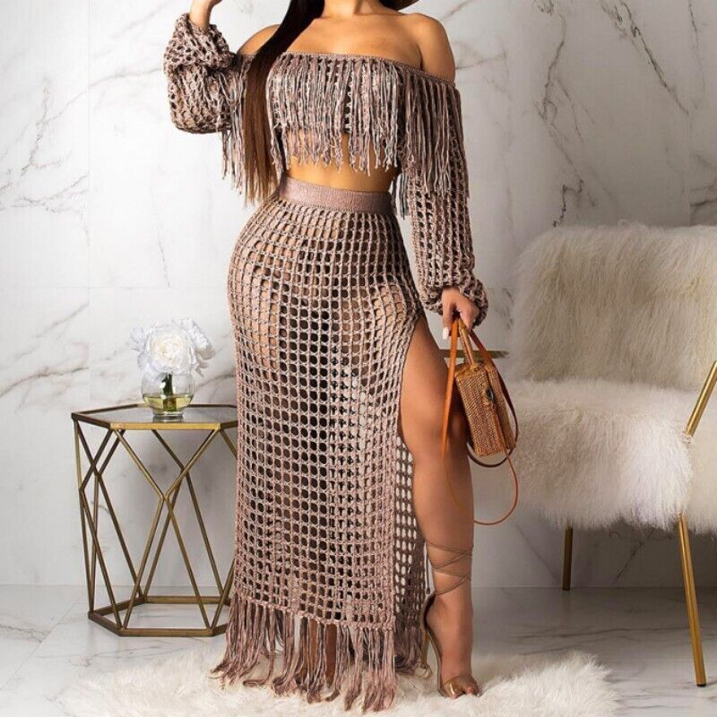 Women Two Piece Crop Tassels Summer Crochet Dress Beach Wear Top and Skirt  Set