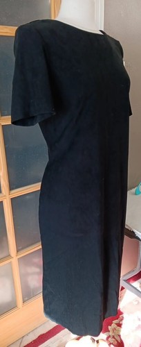 Vintage Black Velvet Dress Leslie Fay Short Sleeve Sz 10 Back Slit Shoulder Pads - Picture 3 of 8