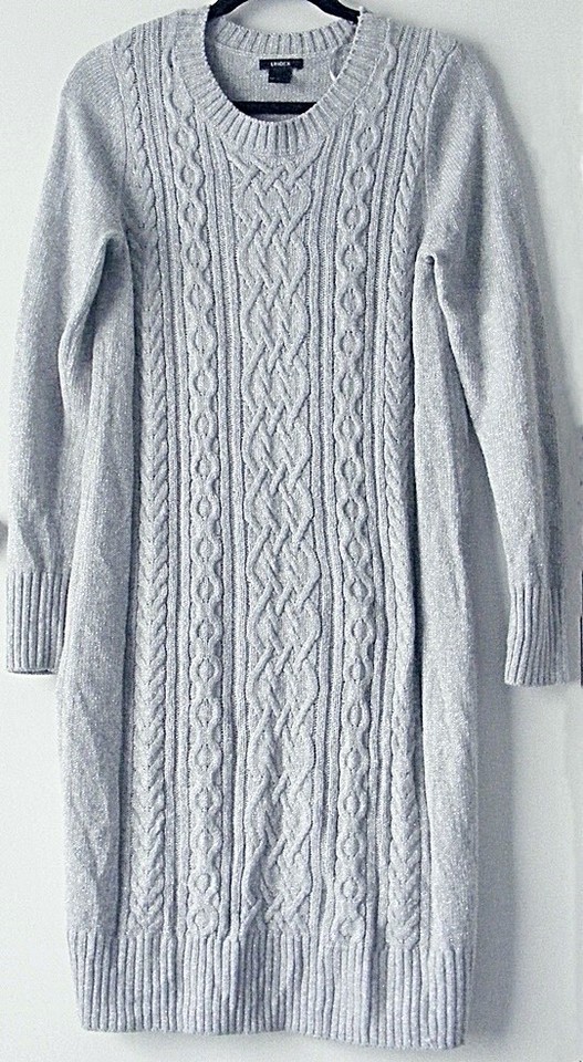 Lindex KNIT DRESS Cable knit Grey & Metallic l/Sleeve Knee lgth~ Women sz S to M