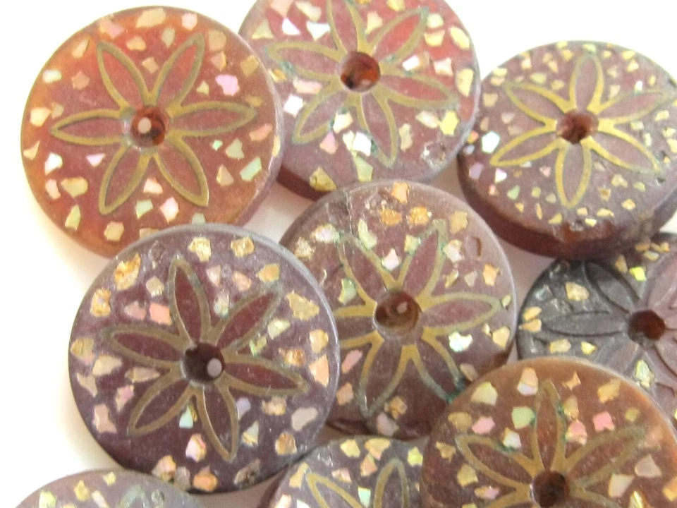 FRENCH ANTIQUE PRESSED HORN BUTTONS W SHELL AND BRASS FLOWER INLAY CAEN FRANCE - Image 2 of 4