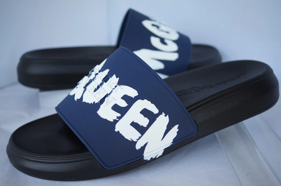 New Alexander Mcqueen Men's Sandals Slide Size 43 Rubber Slider Blue Logo - Image 2 of 4