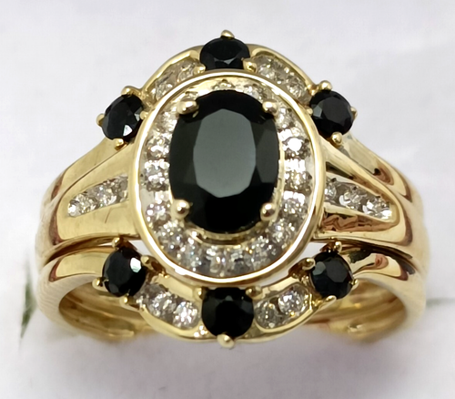 9K YELLOW GOLD, GENUINE DIAMOND & SAPPHIRE LADIES RING SIZE N 1/2 - 9CT 375 - Picture 3 of 10