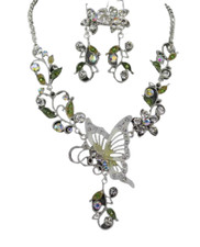 White Crystal Butterfly Necklace Earring Set Silver Vintage Inspired