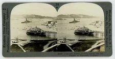 England PLYMOUTH Sound Drake's Island Battleship In Harbor Stereoview 28264 214a