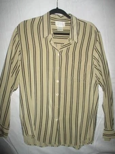 Field & Manor L Beige w/ Black Stripe 100% Silk Button Down Shirt