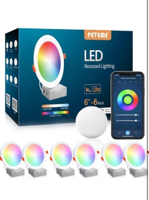 LED Smart Recessed Lighting, 6 Inch, 12W, 1200 Lumens, Color Changing, 6 Pack