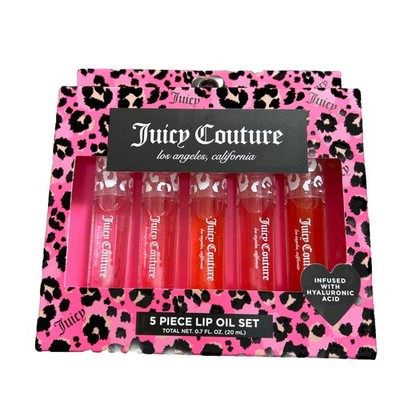 Juicy Couture 5 Piece Lip Gloss Oil Set / Hyaluronic Acid Pink Leopard Box