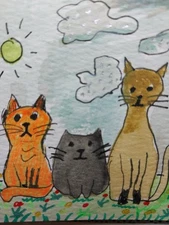 GAT Original Painting Signed Art 3x3 Home Decor Impressionist 3 Cats Landscape 