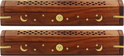 Sheesham Wood Incense Burner Holder - Set of 2 Coffin Style Sun Moon Inlay Handm