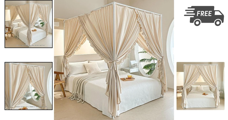 Cortinas de cama con dosel para niñas adultos decoración de dormitorio a prueba de viento a prueba de luz Queen Foto 2 de 4