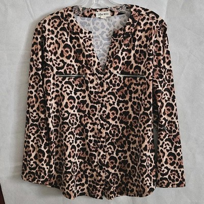 Blue Mood Size M Animal Print Top Blouse Leopard Long Sleeves Roll Tab