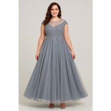 La Femme Grey Blue Embellished Tulle Maxi Dress Size 14
