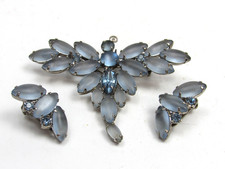 Vintage Blue Lucite Butterfly Brooch Earrings Set Clip On Rhinestone