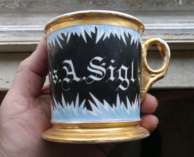 1890s JOS.A.SIGL PERSONALIZED PORCELAIN SHAVING MUG WITH ICICLE WRAP KOKEN ST.L
