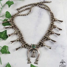 Vintage Native American Silver  Turquoise Squash Blossom Necklace