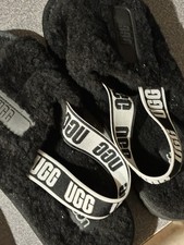 UGG Fluff Yeah Womens Slide Slippers 8 Black Sheepskin Slingback Platform