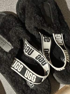 UGG Fluff Yeah Womens Slide Slippers 8 Black Sheepskin Slingback Platform