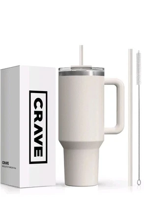 CRAVE CUPS Crave 40oz Insulated Tumbler with Lid and Straw Reusable Spill Proof Birch
