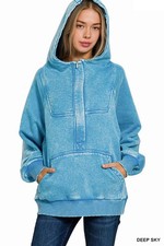 ZENANA DEEP SKY ACID WASH FLEECE OVERSIZED 1/4 ZIP KANGAROO POCKET HOODIE sz M