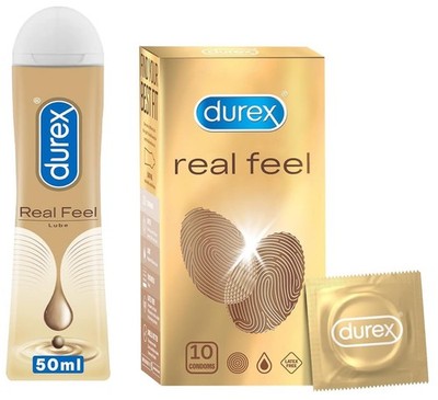 5 X Durex Real Feel Condoms for Men - 10 Count with Long-Lasting Lubricant 50ml