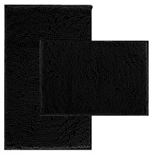 Chenille Bathroom Rugs 2 Piece Set, Plush Quick Dry Mats, Non Slip Backing,Black