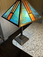 Dale Tiffany Style Stained Glass Table Lamp Blue Turquoise Amber Orange