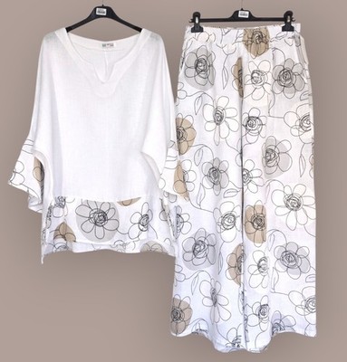 Made In Italy 2-Teiler Set Hose + Bluse 100% Leinen Sommeranzug Oversize 44 46