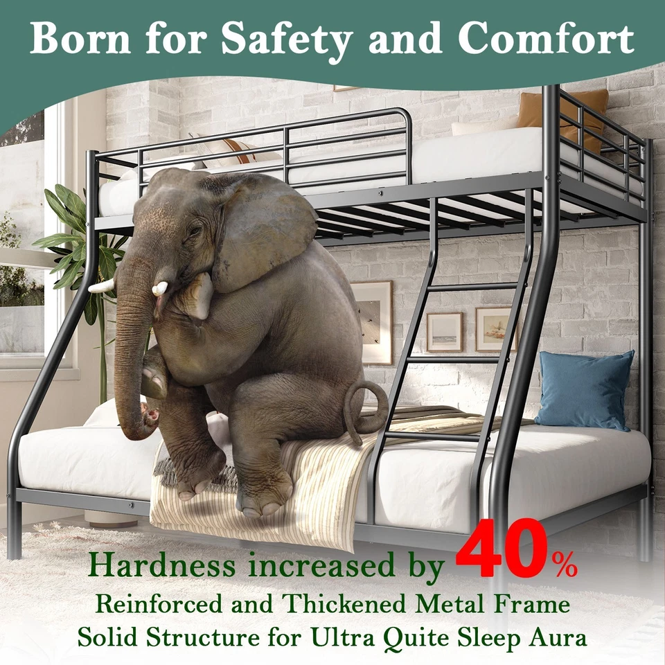 Heavy Bunk Beds Twin Over Full Size Metal Bunk Bed With Bottom Space & Guardrail - Image 3 of 4