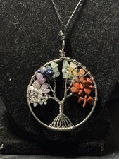 Tree Of Life Pendant Semiprecious Gem Stones Silver Tone Chakra Wire Wrapped