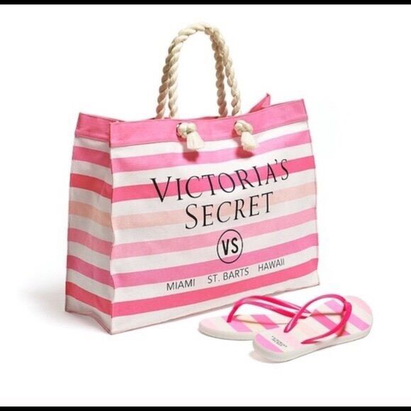 New Victoria’s  Secret Swim Tote Pink Sandles Multicolor Rope Handles White
