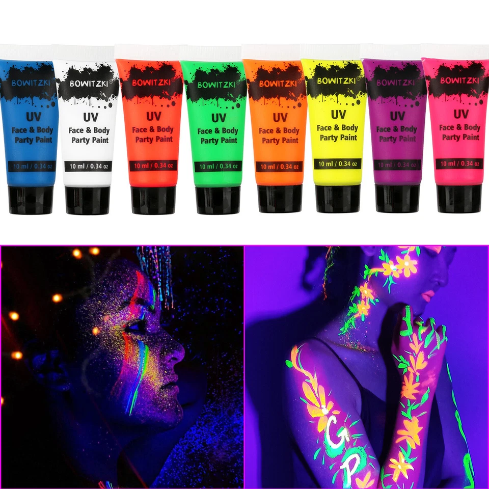 Pintura facial UV de neón pintura corporal 10 ml maquillaje fluorescente festival 8 colores pintura UV Foto 2 de 4