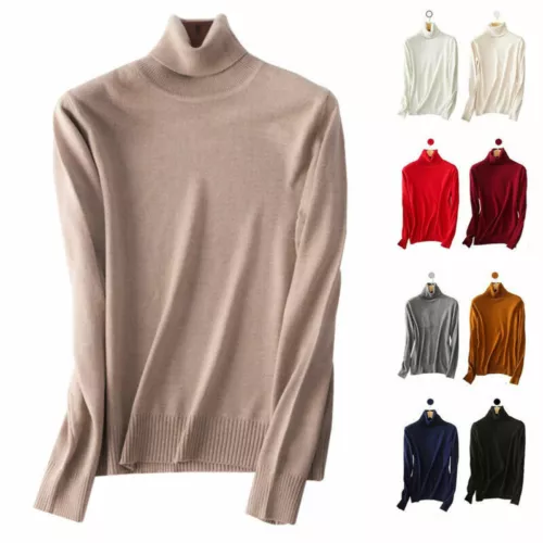 Damen Schmal Strick Rollkragen Kaschmir Pullover Pulli Gummizug Kuschelpullover