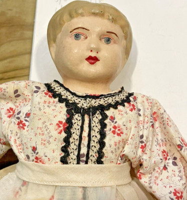 11  ANTIQUE VINTAGE MINERVA DOLL PAINTED FACE GERMANY yellow HAIR TIN METAL HEAD
