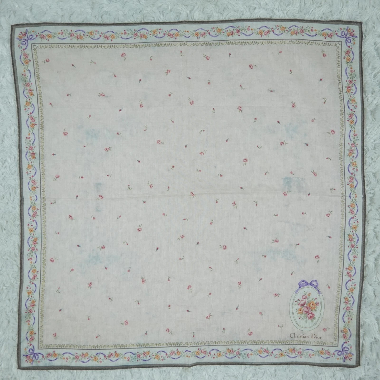 M574 CHRISTIAN DIOR Foulard coton rose fleur foulards poche carré 18,5