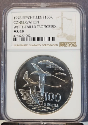 1978 SEYCHELLES SILVER 100 RUPEES WHITE TAILED TROPICBIRD NGC MS 69 TOP POP 1