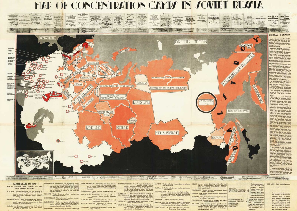 1945 Map of Concentration Camps in Soviet Russia Military WWII 