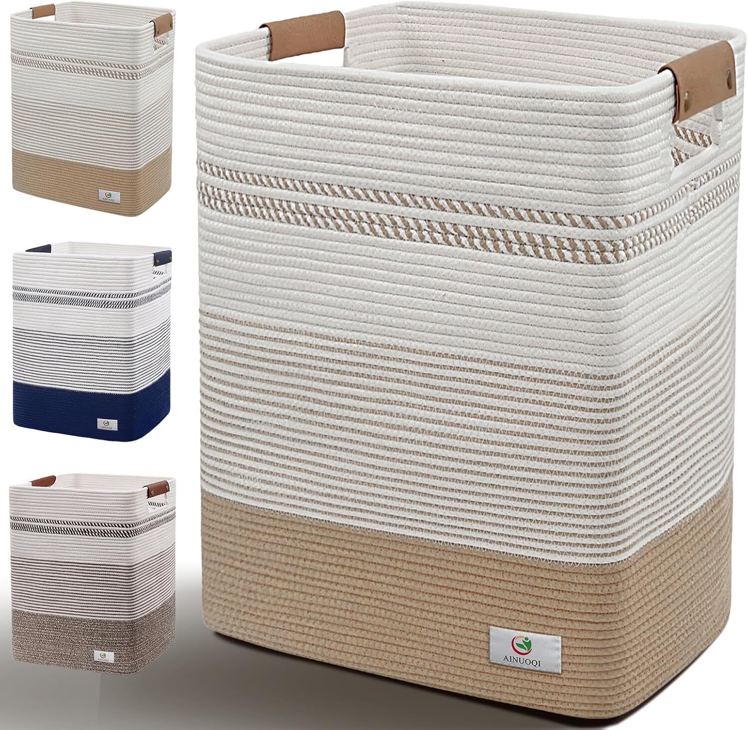 Laundry Hamper - 85L Large Basket with Leather Large, Jute & White-image