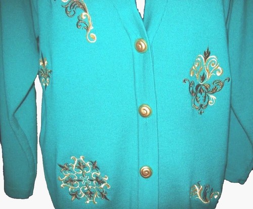 Casual Corner Knit Sweater Cardigan Jacket Sz M Blue Green Off White New $74 - Picture 2 of 2