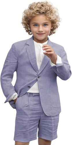 Boy Linen Suit Set 2 Pieces Blazer Short Pants Summer Outfit Wedding Ring Bearer - Picture 29 of 40