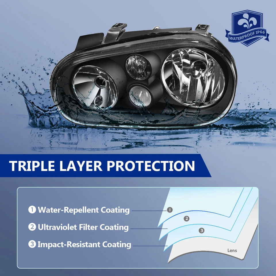 Headlights Assembly For Volkswagen Golf Cabrio 1999-2006 Black Halogen Lamp Pair - Изображение 4 из 4