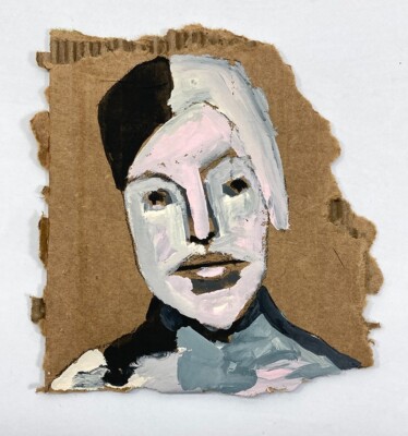 Outsider Art Quirky Woman Portrait Painting Torn Cardboard Black White Hair
