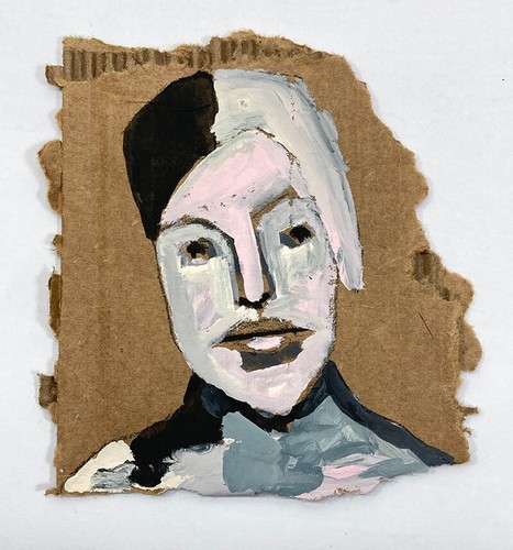 Outsider Art Quirky Woman Portrait Painting Torn Cardboard Black White Hair - Picture 1 of 13