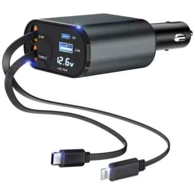 Retractable Car Charger 4 in 1 Fast Car Phone Charger 60W Apple & Type C Cable