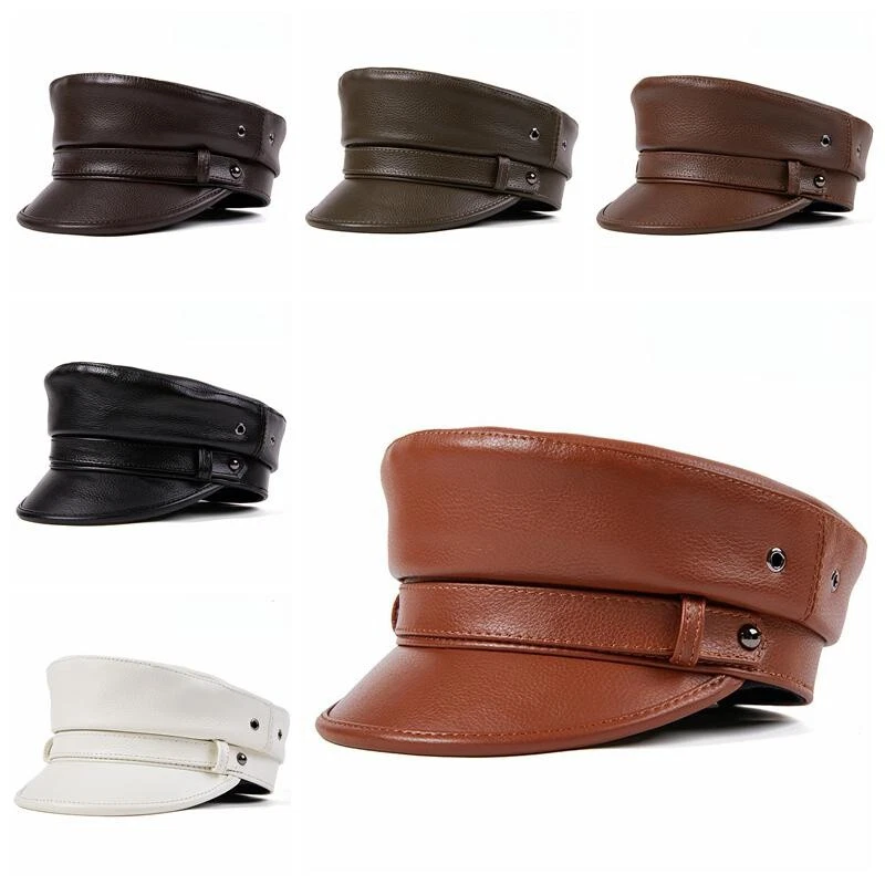 Men Genuine Leather Captain Sailor Hat Fiddler Flat Cap Driver Visor Beret Cap - Image 2 of 4