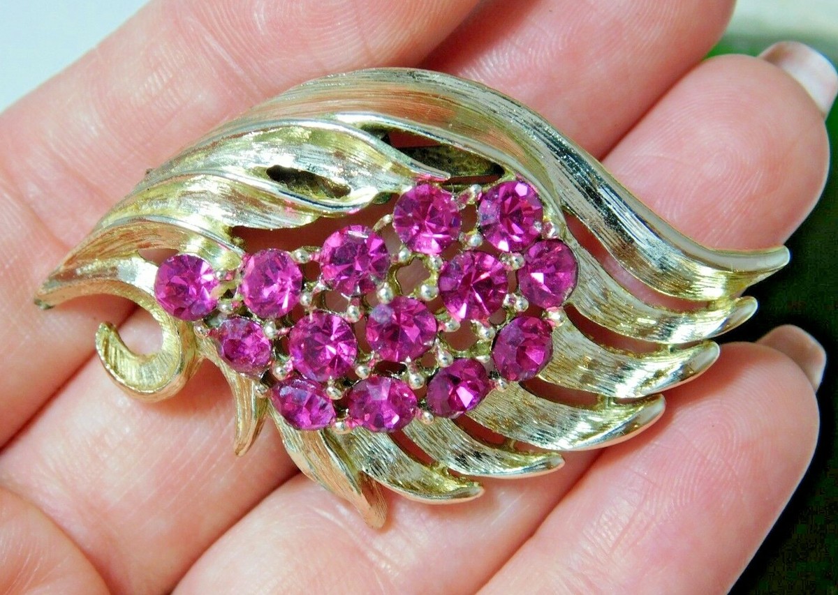 Vintage Silver Tone Leaf Flower Pink Fuchsia Rhinestones Textured