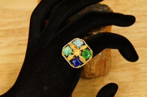 Vintage Costume Jewelry Colorful Glass Gold Tone Floral Size 5-7 Adjustable Ring